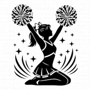Könnte beinhalten: Schwarz-weiße Silhouette eines Cheerleaders, der kniet und die Arme hebt, mit zwei Pompons. Der Cheerleader trägt eine Uniform mit einem plissierten Rock und einer Schleife im Haar. Sterne und gebogene Linien umgeben den Cheerleader.