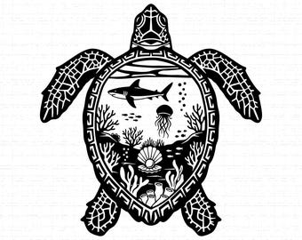 May include: Black and white illustration of a sea turtle with a detailed shell pattern. The turtle's body frames an underwater scene with a shark, jellyfish, coral, and a pearl in an open shell.
