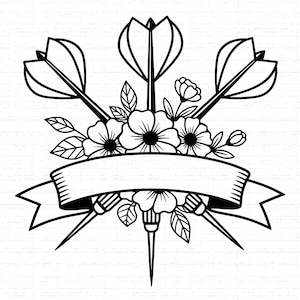 Könnte beinhalten: Schwarz-Weiß-Illustration von drei Darts mit floralen Akzenten, darunter Blumen, Blätter und ein Banner. Die Darts sind um die Blumen herum angeordnet und bilden ein dekoratives Design. Das Banner ist leer und bereit für Text.