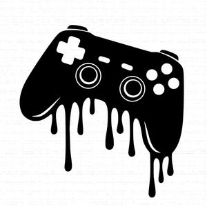 May include: Black silhouette of a games controller with a dripping effect. The controller has a directional pad, two analogue sticks, and several buttons. The design is a bold, graphic representation of gaming.