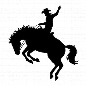 May include: A black silhouette of a cowboy riding a bucking bronco. The cowboy is wearing a hat and has one arm raised. The horse is rearing up, with its legs in the air. The background is a white brick wall.