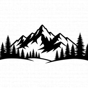 May include: A monochrome graphic depicting a mountain range and evergreen trees. The trees are in the foreground, and the mountains are in the background. The image is rendered in a minimalist style.