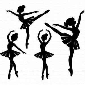 May include: Four black silhouette images of ballerinas in various dance poses. Each ballerina is wearing a tutu and has their hair up in a bun. The ballerinas are in different positions, including arabesque and arms overhead.
