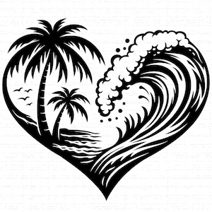 Puede incluir: Ilustración en blanco y negro de un diseño en forma de corazón con una escena de playa tropical y una ola rompiendo. La escena de la playa incluye palmeras, arena y pájaros. La ola está detallada con crestas espumosas.