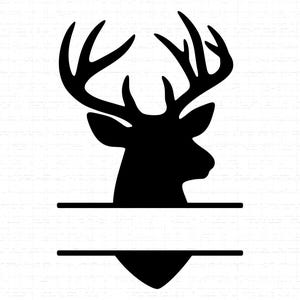 May include: A black silhouette of a deer head with large antlers. Below the deer head is a horizontal line, followed by a shield shape with another horizontal line. The design is suitable for various crafts and decor.
