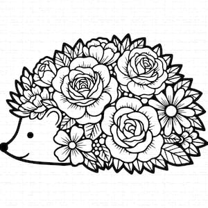 Può includere: Illustrazione in bianco e nero di un riccio con un design floreale. Il corpo del riccio è composto da rose, margherite e altri fiori. Adatto per progetti di artigianato o design.