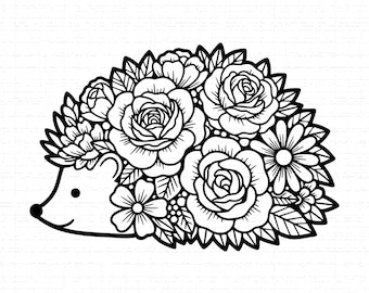 Hedgehog Flowers SVG: T-Shirt Design, Roses, Daisy Flower, Garden Decor, Cute Animal, Cut Files, SVG, PNG, Instant Download