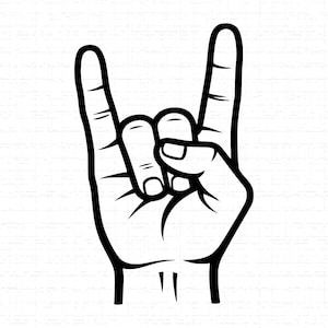 Op de afbeelding: Zwart-wit illustratie van een hand die het rock on-gebaar maakt. De wijsvinger en pink zijn omhooggestoken, terwijl de andere vingers gekruld zijn. De afbeelding staat tegen een witte bakstenen muur.