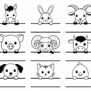 Könnte beinhalten: Schwarz-Weiß-Cartoon-Illustrationen von Nutztieren und Haustieren, darunter ein Pferd, ein Kaninchen, eine Ziege, ein Schwein, ein Schaf, eine Kuh, ein Hund, eine Katze und ein Küken. Jedes Tier blickt über eine horizontale Linie.