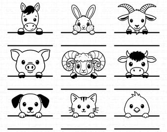 Peeking Farm Animals SVG Bundle: T-shirt Design, Animals Monogram Split Frame, Farmhouse Decor Cut Files, SVG, PNG, Instant Download