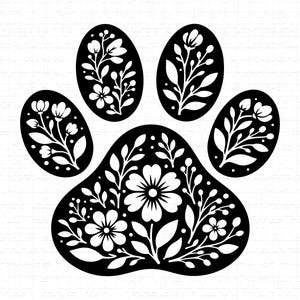 Könnte beinhalten: Schwarz-weißes Pfotenabdruck-Design mit floralen Mustern. Die Pfote ist mit detaillierten weißen Blumen- und Blättermustern gefüllt. Der Hintergrund ist weiß strukturiert.