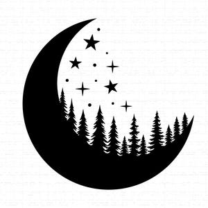 Pode incluir: Silhueta preta de uma lua crescente com uma floresta de pinheiros ao longo da curva inferior. Várias estrelas e pontos estão espalhados no céu, criando uma cena noturna.