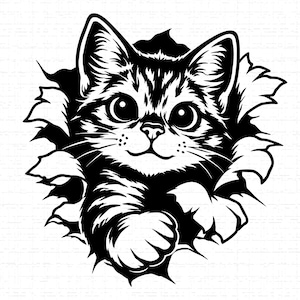 Puede incluir: Ilustración en blanco y negro de un gato rompiendo una superficie. El gato tiene ojos grandes y una pata extendida. El diseño es detallado, con sombreado para dar un efecto 3D. Adecuado para diversas aplicaciones.