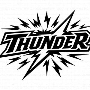 May include: A black and white graphic design with the word "THUNDER" in a bold, stylized font. The word is surrounded by lightning bolt shapes, creating a dynamic and energetic visual.