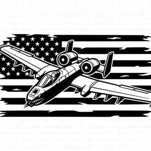 May include: Black and white illustration of a military aircraft, the A-10 Thunderbolt II, set against a distressed American flag. The aircraft is depicted in profile, showcasing its distinctive design and weaponry. The flag's stripes and stars are stylized.
