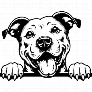 Könnte beinhalten: Schwarz-weiße Grafik eines lächelnden Hundes mit herausgestreckter Zunge. Die Pfoten des Hundes ruhen auf einer horizontalen Linie. Der Hund hat Schlappohren und einen freundlichen Ausdruck.