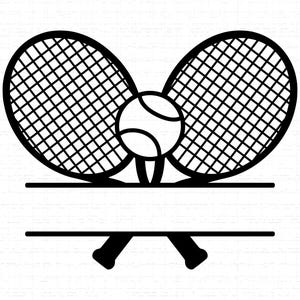 Peut inclure: Graphique noir et blanc sur le thème du tennis. Il présente deux raquettes de tennis, une balle de tennis et une bannière horizontale pour la personnalisation. Les raquettes sont de chaque côté de la balle.