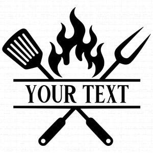 May include: Black and white graphic of barbecue tools, including a spatula and a fork, crossed below a flame design. The text "YOUR TEXT" is centered horizontally between two lines, suggesting customization for grilling enthusiasts.