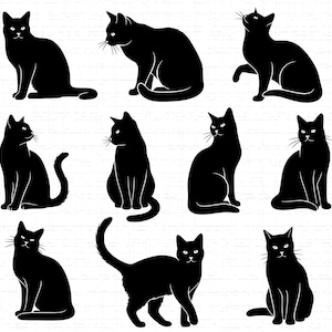Op de afbeelding: Een verzameling zwarte katten silhouetten in verschillende poses. De katten worden zittend, staand en lopend afgebeeld, met hun staarten en snorharen duidelijk zichtbaar. Eenvoudige grafische illustratie.