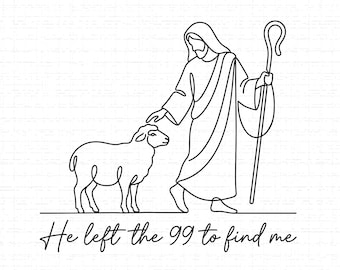 May include: A black and white line drawing shows a shepherd with a staff, touching a lamb. The text "He left the 99 to find me" is written below the figures. The artwork is a simple, minimalist style.