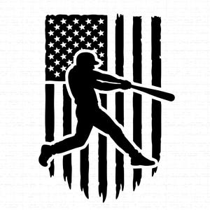 May include: Black silhouette of a baseball player swinging a bat, set against a distressed American flag background. The flag features white stars and black stripes, creating a patriotic and sporty design.