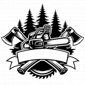 May include: A monochrome illustration featuring a chainsaw, two axes, a circular saw blade, and pine trees. A banner is placed in the center for text. The design is suitable for woodworking or lumberjack themes.