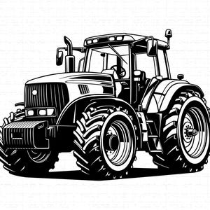 Pode incluir: Ilustração a preto e branco de um trator. O trator tem pneus grandes e robustos, uma cabine detalhada com janelas e vários componentes mecânicos. O design é uma representação estilizada de um veículo agrícola.