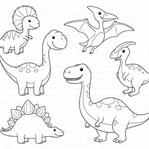 Puede incluir: Ilustración en blanco y negro de siete dinosaurios diferentes. Los dinosaurios incluyen un Triceratops, un Brachiosaurus de cuello largo, un Pterodáctilo, un Parasaurolophus, un T-Rex y un Estegosaurio.