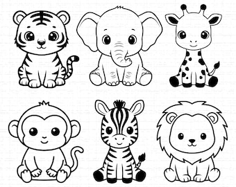 Schattige jungledieren SVG-bundel: leeuw, giraffe, olifant, tijger, aap, zebra, gesneden bestanden, SVG, png, direct downloaden