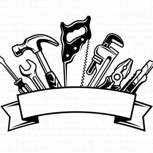 May include: Black and white illustration of various hand tools, including a hammer, saw, wrench, pliers, and utility knife, arranged above a blank banner. The tools are depicted in a detailed, graphic style, suitable for a workshop or DIY theme.