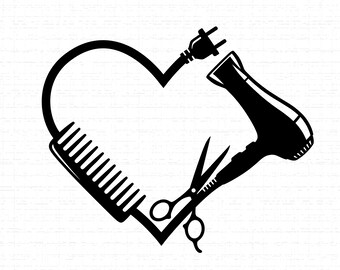 Friseur Herz SVG, PNG: Friseur Werkzeuge, Schere, Kamm, Fön, Salon Dekor, T-Shirt Design, Schnittdatei, Sofort Download