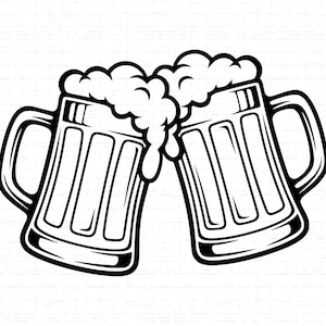May include: Black and white illustration of two beer mugs clinking together. Each mug is filled with beer and topped with a large, foamy head. The mugs have handles and vertical lines on the sides.