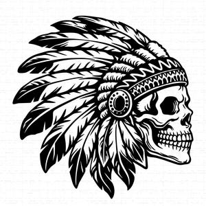 May include: Black and white illustration of a skull wearing a Native American headdress. The headdress features multiple feathers and a decorative band. The skull is in profile, with detailed shading.