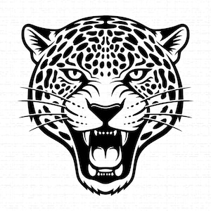May include: A black and white illustration of a jaguar's head, roaring with its mouth open. The jaguar's face is detailed with spots and whiskers, and the image has a bold, graphic style.