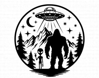 Bigfoot And Alien SVG, PNG: UFO, Sasquatch, Flying Saucer, Funny Yeti, T-Shirt Design, Cut File, Instant Download