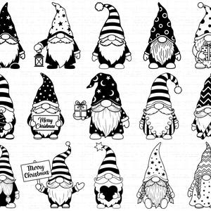 Puede incluir: Ilustración en blanco y negro de varios gnomos con diferentes patrones de sombreros y accesorios. Algunos gnomos sostienen regalos, linternas o letreros con "Merry Christmas". Los gnomos tienen largas barbas y son de estilo caricaturesco.