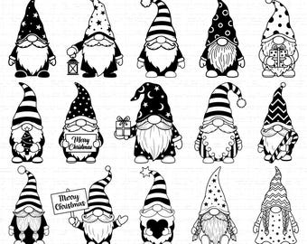 May include: Black and white illustration of various gnomes with different hat patterns and accessories. Some gnomes hold gifts, lanterns, or signs that say "Merry Christmas". The gnomes have long beards and are in a cartoon style.