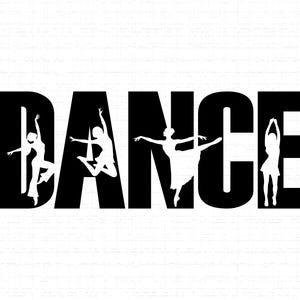 May include: Black and white graphic with the word "DANCE" in bold letters. Silhouettes of dancers are incorporated into the letters, depicting various dance poses against a white brick wall background.