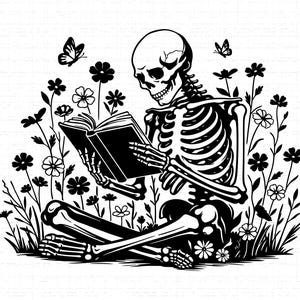 以下が含まれることがあります： 花畑で本を読む骸骨の白黒イラスト。蝶も描かれています。骸骨はあぐらをかいて座っています。