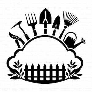 May include: A monochrome illustration featuring gardening tools such as a fork, trowel, and secateurs, arranged above a picket fence. The design includes a watering can and a rake, ideal for garden-related projects.