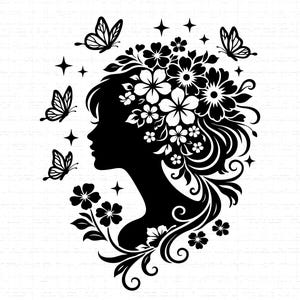 Peut inclure: Silhouette en noir et blanc d'un profil de femme, orné de fleurs et de papillons. Les cheveux de la femme sont coiffés avec des éléments floraux, et des papillons sont dispersés autour d'elle. Des étoiles sont également incluses dans le design.