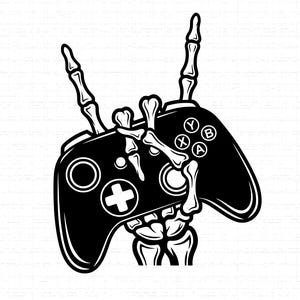 May include: Black and white graphic of a skeleton hand holding a video game controller. The controller has buttons and a directional pad. The skeleton hand is making a rock and roll hand gesture.