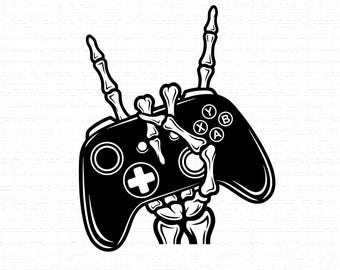 Gamer Skeleton SVG, PNG: mano scheletrica che tiene il controller, cartello Rock On, design per maglietta, file tagliato, download istantaneo