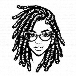 May include: Black and white illustration of a woman with locs and cat-eye glasses. The woman's face is centered, with detailed features including eyelashes, eyebrows, and a defined lip line. The locs frame the face, creating a striking contrast.
