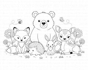 Könnte beinhalten: Schwarz-Weiß-Illustration von Waldtieren. Ein Bär, ein Fuchs, ein Igel, ein Kaninchen und ein Reh sind von Blumen, Gras, einer Biene und einem Schmetterling umgeben. Die Tiere sind in einem niedlichen Cartoon-Stil gezeichnet.