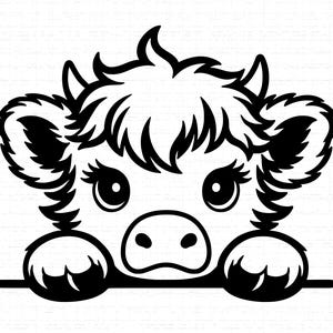 May include: A black and white cartoon illustration of a cow's face. The cow has large eyes, eyelashes, and fluffy hair, peeking over a horizontal line. The design is simple and suitable for various applications.