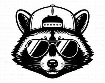Cooler Waschbär mit Hut und Sonnenbrille SVG: T-Shirt Design, Tier Maskottchen, Trash Panda, Cut Files, SVG, PNG, Instant Download