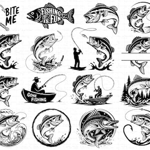 Puede incluir: Una colección de ilustraciones en blanco y negro con temática de pesca. Las imágenes incluyen peces, anzuelos y pescadores en botes. Algunos diseños presentan texto como "Fishing is Fun" y "Gone Fishing."