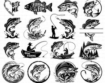 May include: A selection of black and white fishing-themed illustrations. The images include fish, fishing hooks, and anglers in boats. Some designs feature text like "Fishing is Fun" and "Gone Fishing."