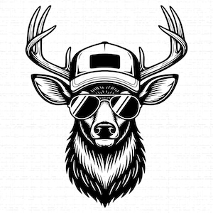 May include: A monochrome illustration of a deer wearing sunglasses and a baseball cap. The deer has large antlers and a detailed fur pattern, creating a cool and stylish design.